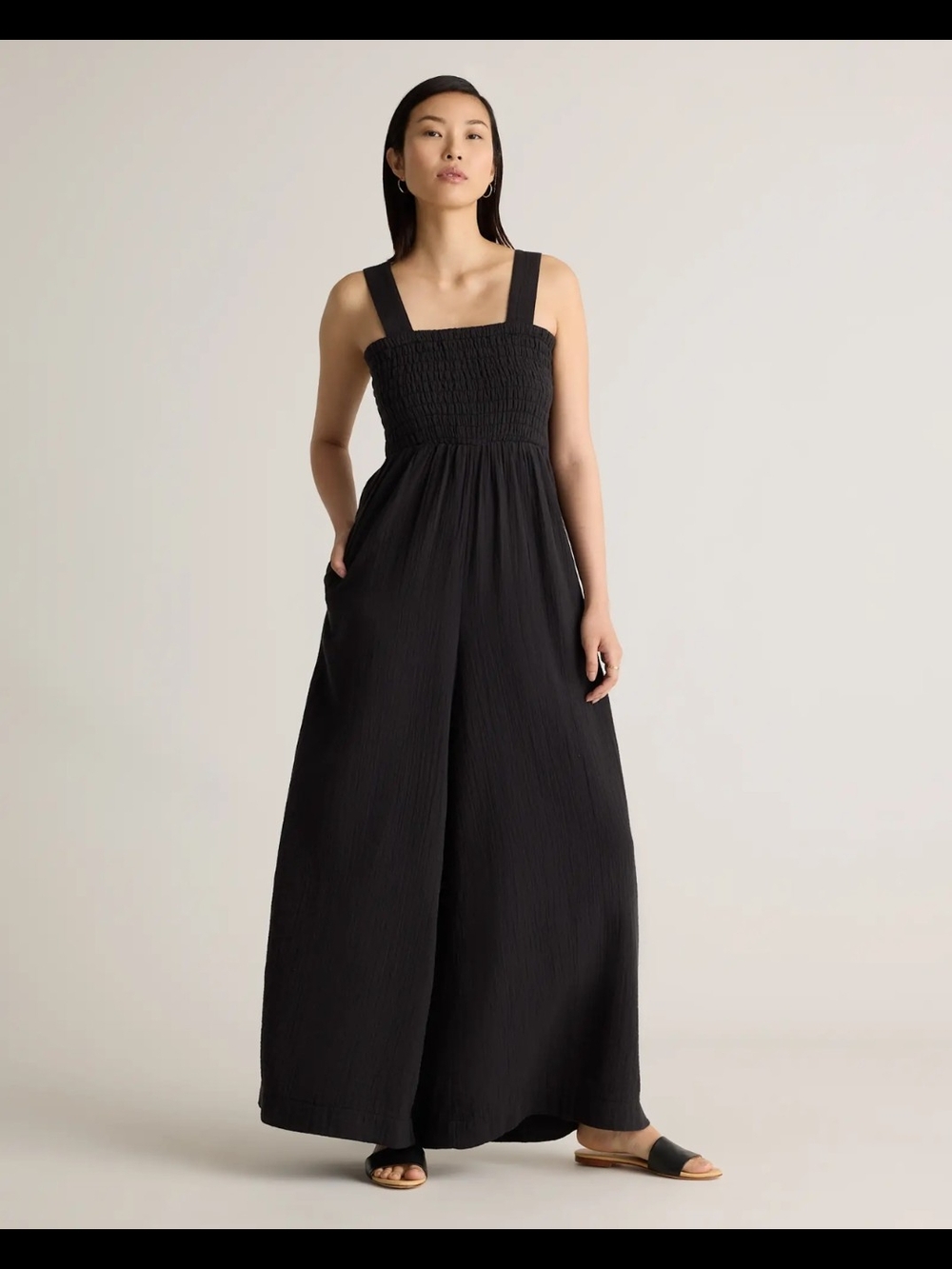 NWT Quince 100% Organic Cotton Gauze Smocked Wide Leg Jumpsuit Black Large